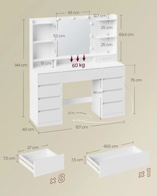 Masuta machiaj cu Oglinda LED si 9 Sertare pentru Cosmetice, Set Masa toaleta 107 cm, Alb, masuta cosmetica, vanity - SEA15