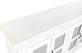 Bufet din lemn de mango, alb, cu 4 uși vitrate și decor sculptat, aspect vintage, finisaj antichizat, 100 x 180 x 40 cm, „Belline”