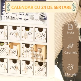 Calendar de Advent de Craciun in forma de carte cu litere si decoratiuni tematice, 22x9x30 cm, din placaj, alb HOMCOM | Aosom Romania