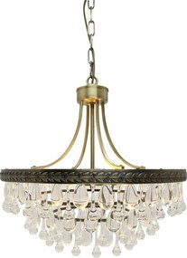 Candelabru din sticlă și alamă antichizată, lucrat manual, cu prisme de cristal, 6 brațe, 49x50 cm, „Versailles"