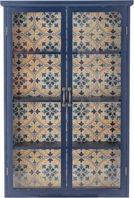 Vitrină de perete vintage mediteraneană din lemn, albastru, cu 2 uși vitrate, 3 rafturi și spate imprimat, 122 x 81 x 22 cm, „Hazem”