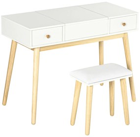 HOMCOM Set coafatoare cu taburet mirror rabatabil stil scandinav 2 sertare 100 x 45 x 118 cm, alb | Aosom Romania