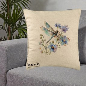 Perna Decorativa Libelula Acuarela Flori Albastre, 40x40 cm, Bej, Husa Detasabila, Perna Inclusa, BEKZ®