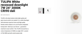 Spot LED incastrabil TULIPA White recessed downlight 7W 24° 3000K CRI90 triac