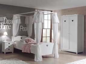 Această combinație AMORI în alb constă dintr-un pat cu baldachin (90 x 200 cm) cu setul de textile asortat, o noptieră și un dulap cu 2 uși.