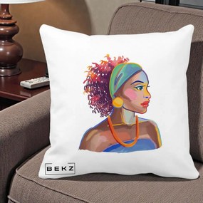 Perna Decorativa Portret Femeie Urbana Acuarela, 40x40 cm, Alba Mata, Husa Detasabila, Perna Inclusa, BEKZ®