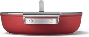 Oală joasă cu capac Smeg CKFD2811RDM, 28 cm, 3,7 l, acoperire antiaderentă cu 3 straturi, rezistentă la cuptor până la 250 °C, fără PFAS, compatibilă cu plitele cu inducție, roșie