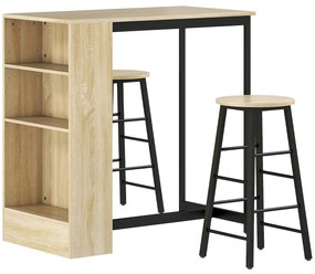 HOMCOM Set masă de bar cu tabureți, compartimente deschise, raft reglabil și suporturi pentru picioare, stejar și negru | Aosom Romania