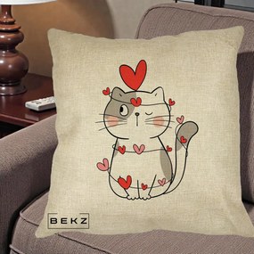 Perna Decorativa Pisica Kawaii cu Inimi, 40x40 cm, Crem, Husa Detasabila, Perna Inclusa, BEKZ®