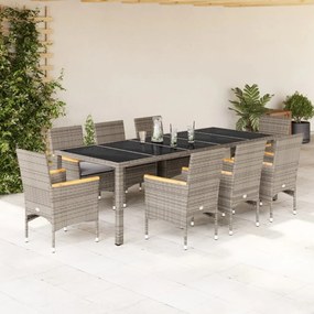 vidaXL Set mobilier de grădină cu perne 9 piese gri poliratan &amp; sticlă