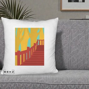 Perna Decorativa Scari Toamna Peisaj Grafic, 40x40 cm, Alb Pufos, Husa Detasabila, Perna Inclusa, BEKZ®