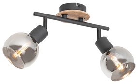 Plafoniera neagră cu sticlă fumurie și lemn 2 lumini - Vidro