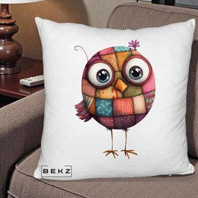 Perna Decorativa Pasare Patchwork Roz cu Floare, 40x40 cm, Alb Pufos, Husa Detasabila, Perna Inclusa, BEKZ®