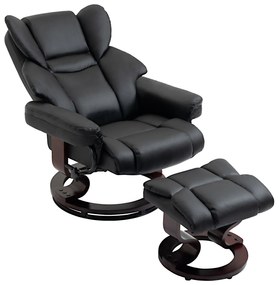 HOMCOM Fotoliu Relaxant si Puf, Reclinabil la 145° cu Scaun Rotativ din Piele Ecologica, Negru | Aosom Romania