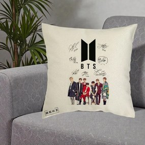 Perna Personalizata K-pop BTS Semnaturi Foto, 40x40 cm, Ecru, Husa Detasabila, Perna Inclusa, BEKZ®