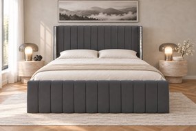 Pat tapițat din catifea Aurelia 160×200 cm, gri închis, detalii argintii, cu ladă de depozitare