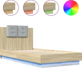 vidaXL Cadru de pat cu tăblie și lumini LED, stejar sonoma, 90x190 cm