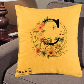 Cadou Personalizat - Perna Personalizata Monogram Litera C cu Flori Acuarela, 40x40 cm, Galben, Husa Detasabila, Perna Inclusa, BEKZ®