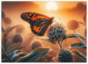 Tablou pe sticlă – Fluture în soare apunând (70x50 cm)