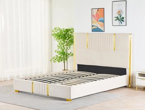 Pat Tapitat din Catifea Bej cu Somiera si Saltea ,   160x200 cm, Cod LB-215