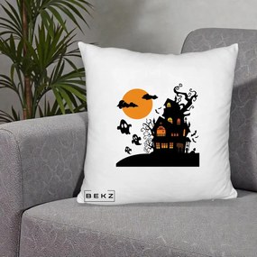 Perna Decorativa Halloween Casa Bantuita cu Fantome, 40x40 cm, Alb Pufos, Husa Detasabila, Perna Inclusa, BEKZ®