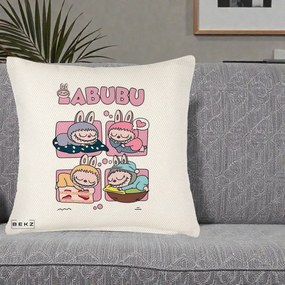 Perna Personalizata Labubu Sleeping Quad Grid, 40x40 cm, Crem Reliefat, Husa Detasabila, Perna Inclusa, BEKZ®