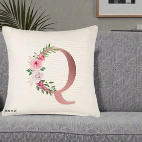 Cadou Personalizat - Perna Personalizata Monograma Rose Gold Litera Q, 40x40 cm, Crem Reliefat, Husa Detasabila, Perna Inclusa, BEKZ®