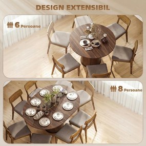 HOMCOM Masă Extensibilă pentru 6-8 Persoane, Rotundă/Ovală, cu Bază Tip Piedestal, din MDF și Oțel, Nuc Închis | Aosom Romania