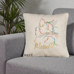 Perna Personalizata Pisica Meow Arta Linie Colorata, 40x40 cm, Bej Canapea, Husa Detasabila, Perna Inclusa, BEKZ®
