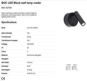 Aplica moderna cu reader LED design minimalist BOC neagra