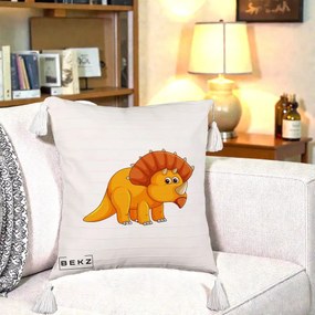 Perna Decorativa Triceratops Portocaliu, 40x40 cm, Bej cu Franjuri, Husa Detasabila, Perna Inclusa, BEKZ®