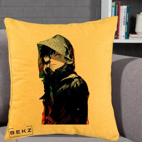 Perna Personalizata Tokyo Ghoul Ken Kaneki cu Masca si Gluga, 40x40 cm, Galben, Husa Detasabila, Perna Inclusa, BEKZ®