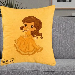 Perna Decorativa Printesa Bella Rochie Aurie, 40x40 cm, Galben, Husa Detasabila, Perna Inclusa, BEKZ®