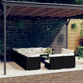 Set mobilier de gradina cu perne, 13 piese, negru, poliratan negru si crem, 3x colt + 9x mijloc + masa, 1