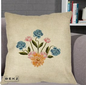 Perna Decorativa Buchet Primavara Acuarela, 40x40 cm, Crem, Husa Detasabila, Perna Inclusa, BEKZ®