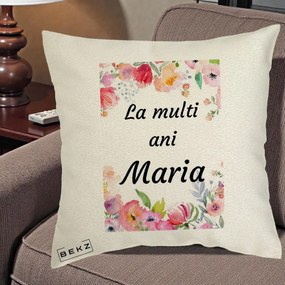 Cadou de Onomastica - Perna Personalizata La Multi Ani Maria Flori Acuarela, 40x40 cm, Ecru, Husa Detasabila, Perna Inclusa, BEKZ®