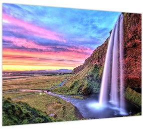 Tablou pe sticlă - Cascada Seljalandsfoss (70x50 cm)