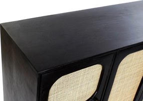 Bufet negru din lemn de mango, cu 4 uși cu panouri din ratan împletit cu colțuri rotunjite și picioare din metal auriu, 78 x 150 x 40 cm, „Hampi”