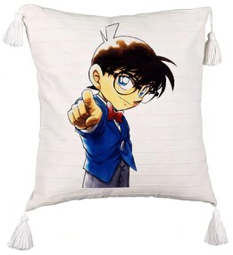 Perna Decorativa cu Franjuri cu Detective Conan, 45x45 cm, Ecru, Cu fermoar