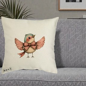 Perna Decorativa Pasare Roz cu Aripi si Fundita, 40x40 cm, Ecru, Husa Detasabila, Perna Inclusa, BEKZ®