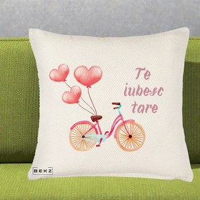 Perna Decorativa Te Iubesc Tare cu Bicicleta Roz si Baloane Inima, 40x40 cm, Crem Reliefat, Husa Detasabila, Perna Inclusa, BEKZ®