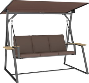 Outsunny Balansoar de Grădină cu 3 Locuri și Acoperiș Reglabil, Balansoar de Exterior din Metal cu Tăvi pentru Băuturi, Perne Imbătute, Capacitate 360kg, pentru Terasă sau Balcon, 222x131x175 cm, Maro | Aosom Romania