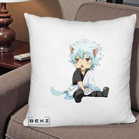 Perna Personalizata Gintama Gintoki Chibi Pisica, 40x40 cm, Alb Pufos, Husa Detasabila, Perna Inclusa, BEKZ®