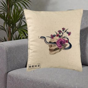 Perna Decorativa Craniu cu Sarpe si Trandafiri Gothic, 40x40 cm, Bej, Husa Detasabila, Perna Inclusa, BEKZ®