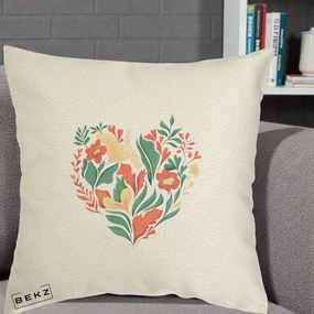 Perna Decorativa Inima Florala Botanica, 40x40 cm, Ecru, Husa Detasabila, Perna Inclusa, BEKZ®