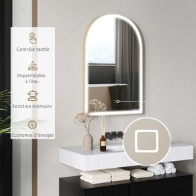 HOMCOM Oglindă de baie LED 90 x 60cm, murală, 3 culori, arcuită cadru din aluminiu, dezmagicire și buton tactil | Aosom Romania