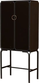 Dulap vitrină vintage din metal, negru, cu 2 uși din sticlă fumurie, 2 rafturi și mânere circulare aurii, 162 x 70 x 38 cm, „Ashbury”
