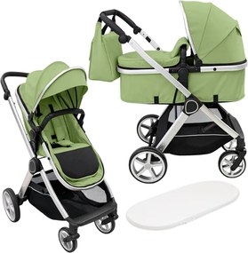 Carucior copii 2 in 1 Kidizi Moveo verde, landou transformabil in parte sport, cadru silver, de la nastere pana la 22 kg (0–4 ani), saltea si geanta incluse