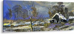 Tablou -Cabane într-un peisaj de iarnă, pictură în ulei (120x50 cm)