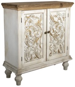 Comodă shabby chic din lemn, alb antichizat, cu detalii sculptate manual, „Fleur de Lys”